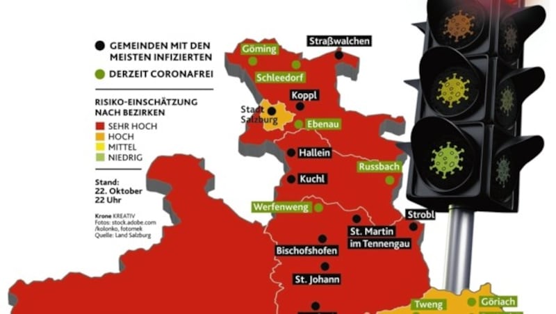 Fast ganz Salzburg leuchten seit Donnerstag in Rot. (Bild: Krone Grafik)