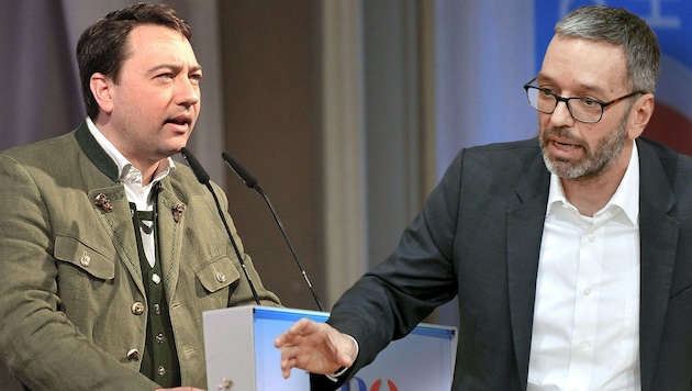 Oberösterreichs Landeshauptmann-Stellvertreter Manfred Haimbuchner (FPÖ) und FPÖ-Bundesparteichef Herbert Kickl (Bild: APA (2), Krone KREATIV)