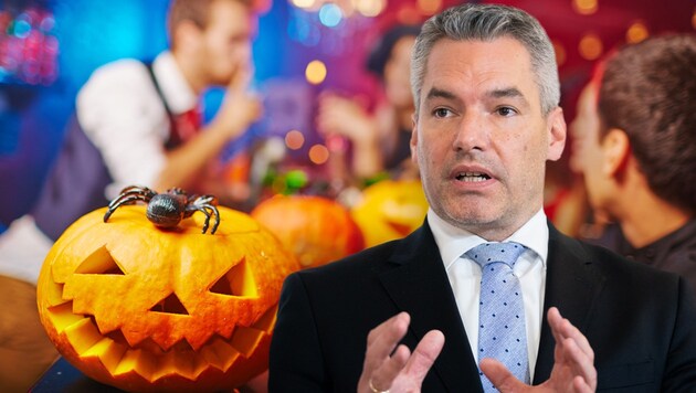 Innenminister Karl Nehammer (ÖVP) appelliert an die Bevölkerung, zu Halloween zu Hause zu bleiben. (Bild: APA, stock.adobe.com, Krone KREATIV)