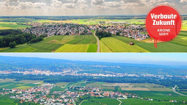 Im Süden Deutschlands herrscht Ordnung (oben): Auf dem Land entstehen nur Straßen, die absolut nötig sind, bei uns sieht es anders aus (unten) (Bild: stock.adobe.com, Krone KREATIV)