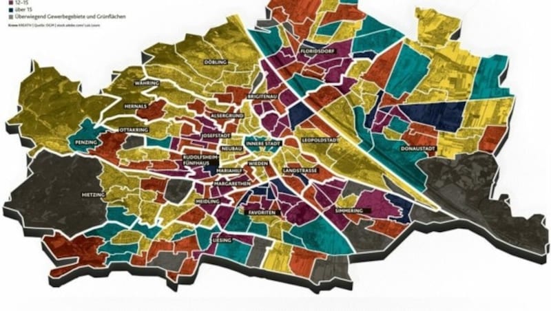 In der Seestadt, Teilen von Favoriten, am Simmeringer Leberberg und im 20. Bezirk ist die Geburtenrate hoch (Blau). Innerhalb des Gürtels und im 17. bis 18. Bezirk ist sie eher gering (Gelb). In Ottakring und Margareten werden wieder mehr Babys geboren (Orange und Violett). (Bild: pwarger, Kronen Zeitung, zVg)