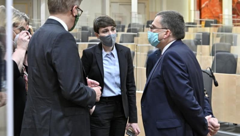 Gesundheitsminister Rudolf Anschober, Sigrid Maurer (Grüne), August Wöginger (ÖVP) (Bild: APA/HANS PUNZ)