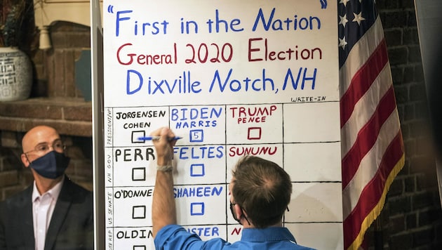 Das Ergebnis von Dixville Notch wird auf einer handbeschriebenen Tafel verkündet. (Bild: AP)