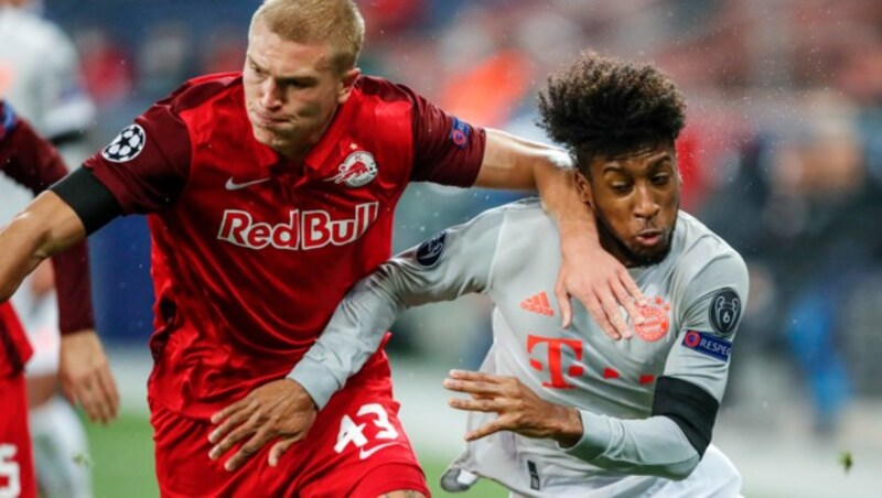 Die Bullen und Kristensen (l.) verloren gegen die Bayern (r. Coman) in Salzburg 2020 mit 2:6. (Bild: GEPA)