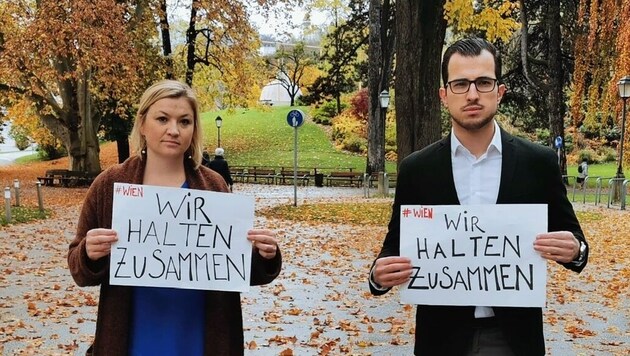 Anna Schiester (Grüne) und Tarik Mete (SPÖ). Solidaritäts-Aktion für Wien. (Bild: Schiester)