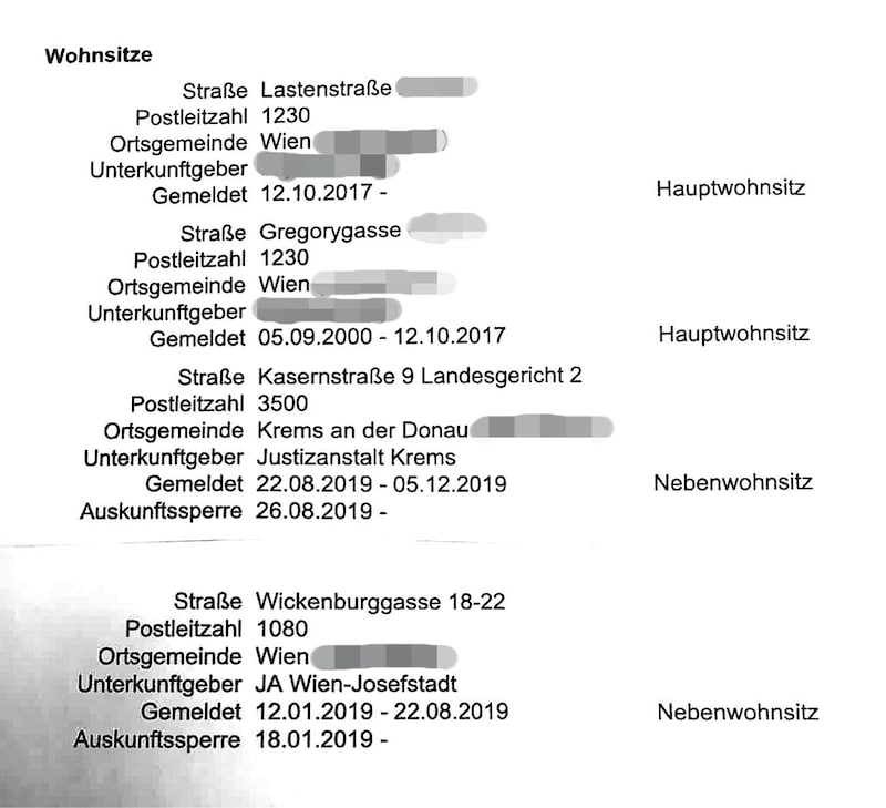 Der Meldezettel des Killers: Bevor er die Gemeindewohnung bekam, hatte er bei der Mama gelebt. Oder in Justizanstalten. (Bild: zVg)