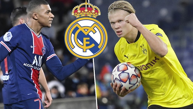 Kylian Mbappé (li.), Erling Haaland: Beide werden mit Real Madrid in Verbindung gebracht. (Bild: APA/AFP/Pascal GUYOT, AP, Real Madrid)