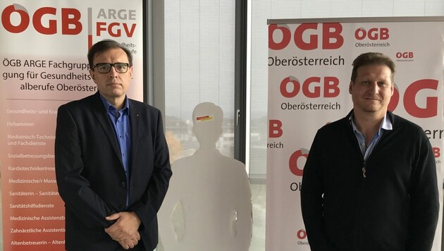 FSG-Gewerkschafter Branko Novakovic (Spitäler) und Stefan Bauer (Altenpflege) (Bild: ÖGB)