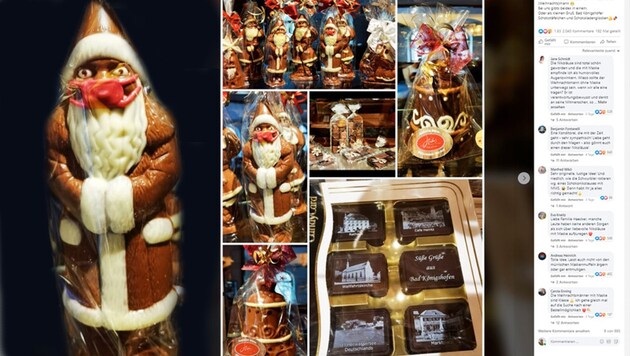 Ein Schokoladen-Nikolaus mit Mundschutz - die Idee einer nordbayrischen Konditorei hat für Anfeindungen in sozialen Netzwerken gesorgt. (Bild: Facebook.com/Cafe - Konditorei Heintz,Krone Kreativ)