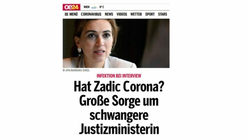 „Infektion bei Interview“ - die Falschmeldung eines Gratisblatts, die am Samstag immer noch online war (Bild: zVg)