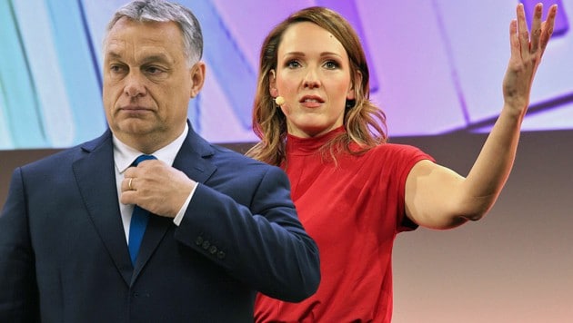 Die deutsche Komikerin Carolin Kebekus nannte in der Satire-Sendung „heute-show“ den ungarischen Ministerpräsidenten Viktor Orban ein „ungarisches Gulasch mit Ohren“. (Bild: Viennareport, AP, Krone KREATIV)