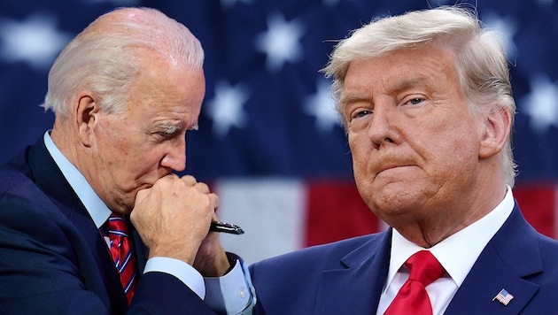 Von links: US-Präsident Joe Biden und sein Vorgänger Donald Trump (Bild: APA/AFP/MANDEL NGAN, APA/Getty Images via AFP/GETTY IMAGES/Mark Makela, Krone KREATIV)