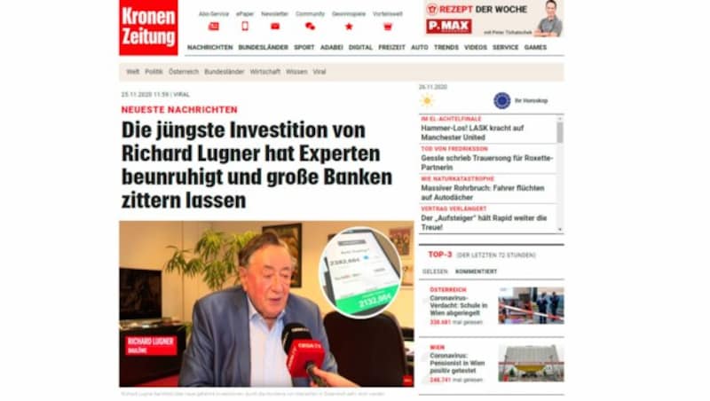 Über Werbeannoncen auf verschiedenen Websites locken die Hintermänner der Betrugskampagne ihre Opfer auf diese gefälschte Seite. Wer einen Link anklickt, landet bei einem betrügerischen Bitcoin-Angebot. (Bild: Screenshot krone.at)