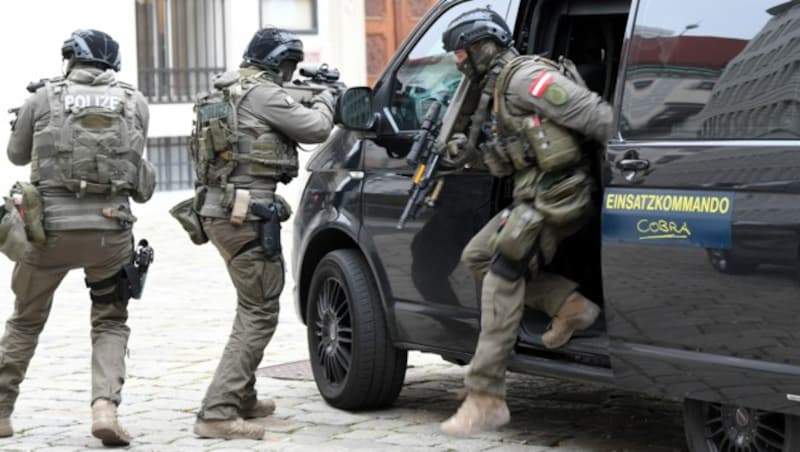 Polizisten des EKO Cobra bei einer Demonstration während des Pressetermins (Bild: APA/ROLAND SCHLAGER)