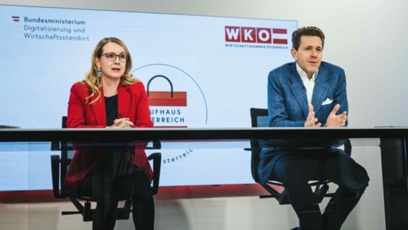 Wirtschaftsministerin Schramböck und WKÖ-Chef Mahrer bei der Präsentation der Plattform am Montag. (Bild: BMDW)