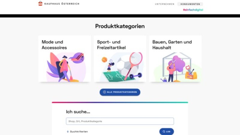 Die relevanten Funktionen im „Kaufhaus Österreich" findet man nicht, ohne nach unten zu scrollen. (Bild: Screenshot, kaufhaus-oesterreich.at)