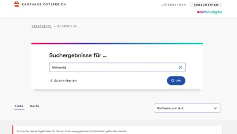 Beim Versuch, mit dem Suchbegriff „Nintendo" einen heimischen Elektrohändler im „Kaufhaus Österreich" zu finden, der Nintendo-Hardware verkauft, scheiterten wir an der Suchfunktion. (Bild: Screenshot, kaufhaus-oesterreich.at)