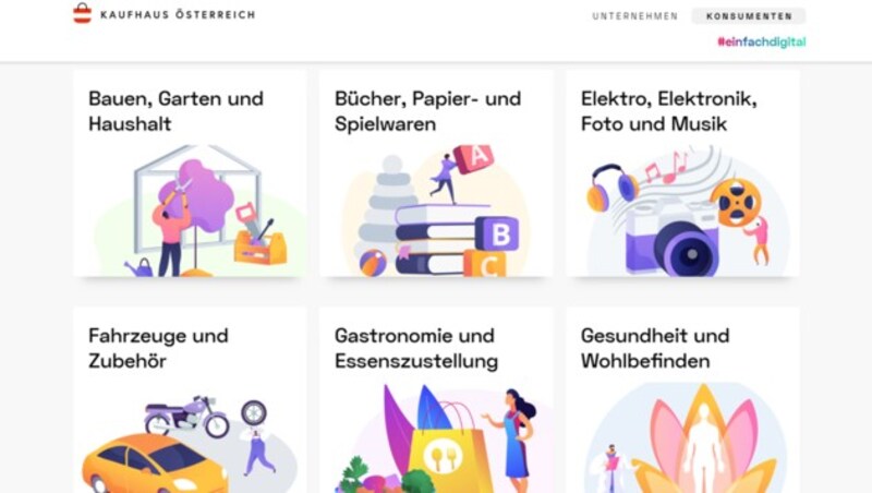 Bei den Produktkategorien durfte sich der Grafiker austoben. Aber eine kompaktere Darstellung wäre deutlich übersichtlicher. (Bild: Screenshot, kaufhaus-oesterreich.at)