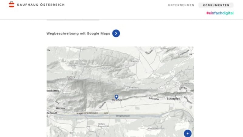 Praktisch: Jeder Händler im „Kaufhaus Österreich" wird auf einer Landkarte verortet. Viel Mehrwert entsteht dadurch aber nicht, immerhin geht es hier doch um von Standorten und Öffnungszeiten unabhängiges Online-Shopping. (Bild: Screenshot, kaufhaus-oesterreich.at)