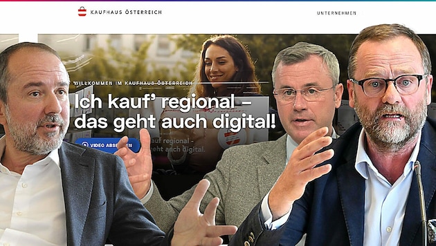 Die Opposition reagierte mit viel Häme auf die neue Online-Plattform. (Bild: www.kaufhaus-oesterreich.at, APA/Herbert Pfarrhofer, Helmut Fohringer, Herbert P. Oczeret, Krone KREATIV)