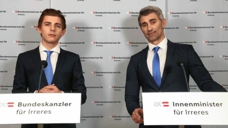 Die Pressekonferenzen mit Daniel Sattler als Kanzler Kurz und Gernot Kulis als Minister „Schmähhammer“ sind der Hit auf YouTube & Co. - die Idee dazu stammt von „Ö3 Callboy“ Kulis. (Bild: Gernot Kulis)