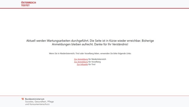 Wer sich am Mittwochnachmittag auf der offiziellen Website für die geplanten Corona-Massentests anmelden wollte, hatte Pech. Wegen eines Fehlers, der Daten aus Wien nach Kärnten umleitete, wurde das Portal zur Wartung offline genommen. (Bild: Screenshot, oesterreich-testet.at)