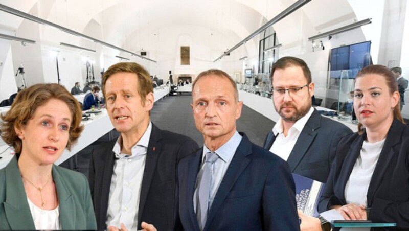 Die Fraktionsführer im U-Ausschuss (v.l.n.r.): Stephanie Krisper (NEOS), Kai Jan Krainer (SPÖ), Wolfgang Gerstl (ÖVP), Christian Hafenecker (FPÖ) und Nina Tomaselli (Grüne) (Bild: APA/HELMUT FOHRINGER,APA/HERBERT P. OCZERETAPA/ROLAND SCHLAGER,kRONE Kreativ)