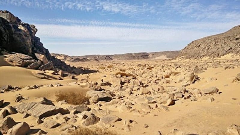 Das Untersuchungsgebiet Wadi el Malik östlich von Assuan mit in Felsen eingravierten Figuren (Bild: © Uni Bonn/Ludwig Morenz)