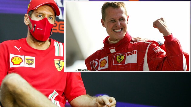 Sebastian Vettel (li.), Michael Schumacher (Bild: APA/AFP/Patrick HERTZOG)