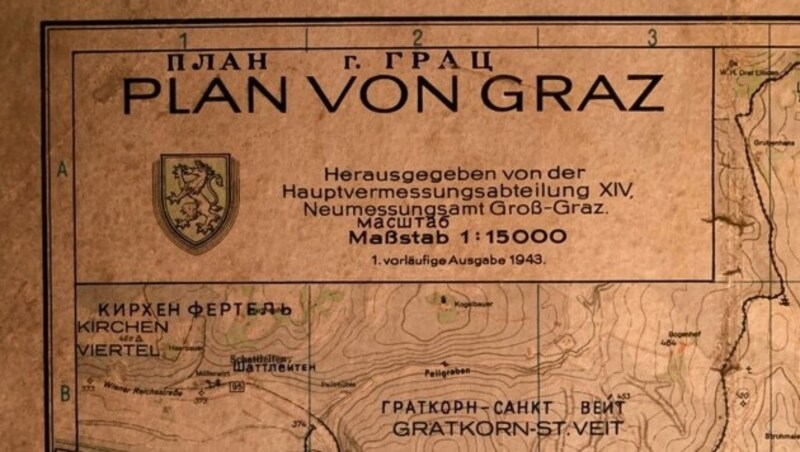 Russisch und Deutsch: Stadtplan von Graz (1945). (Bild: Sammlung Weiss)
