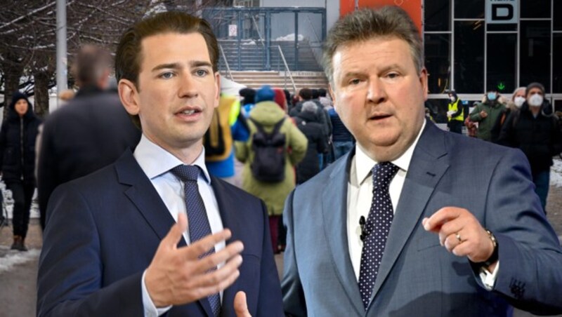 Bundeskanzler Sebastian Kurz (ÖVP) und der Wiener Bürgermeister Michael Ludwig (SPÖ) werden am Montagvormittag an den Massentests teilnehmen. (Bild: APA/Georg Hochmuth, APA/HERBERT NEUBAUER, Krone KREATIV)