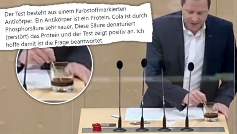 Skurriler Auftritt am Donnerstag im Parlament: FPÖ-Generalsekretär Michael Schnedlitz machte einen Corona-Test mit einem Glas Cola und feierte das positive Ergebnis. Dafür erntete er später scharfe Kritik in den sozialen Medien. (Bild: twitter.com, Krone KREATIV)