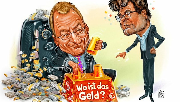 Landesfinanzreferent Thomas Stelzer, ÖVP, lässt den Grün-Politiker Gottfried Hirz raten, wofür genau er das Geld der Steuerzahler ausgibt. (Bild: Milan A. Ilic)