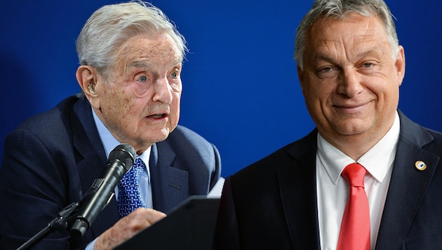 Ungarns Ministerpräsident Viktor Orban stellt den Kompromiss im EU-Budget-Streit als großen Sieg - vor allem gegen US-Milliardär George Soros - dar. (Bild: APA/AFP/FABRICE COFFRINI, APA/POOL/JOHANNA GERON, Krone KREATIV)