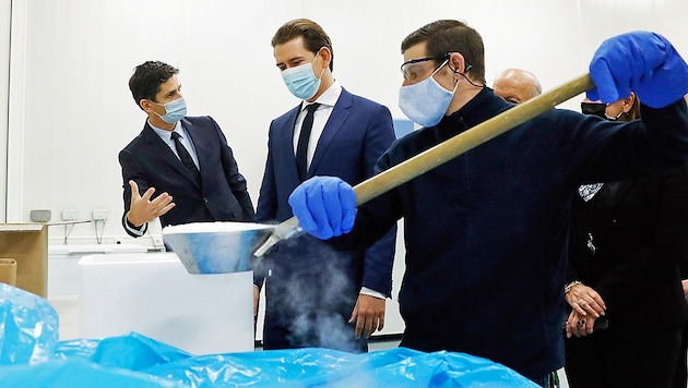 Österreich ist laut Bundeskanzler Sebastian Kurz (hier zu Besuch beim Pharma-Händler Kwizda in Leopoldsdorf) sehr gut auf die Verteilung der Impfdosen vorbereitet. (Bild: APA/BKA/DRAGAN TATIC)