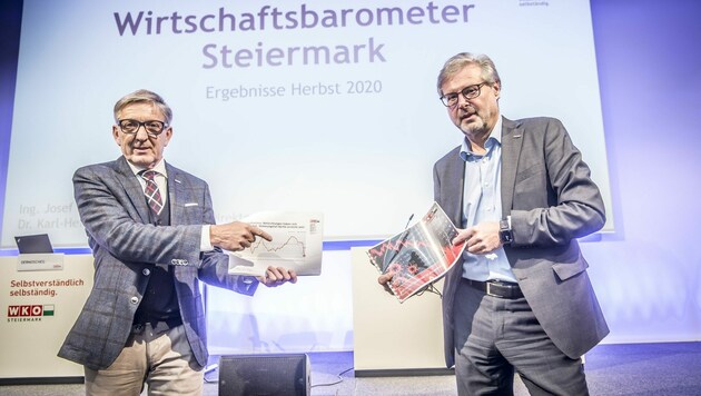 WKO Steiermark Präsident Josef Herk und Direktor Karl-Heinz Dernoscheg präsentieren das neue Wirtschaftsbarometer (Bild: Foto Fischer)