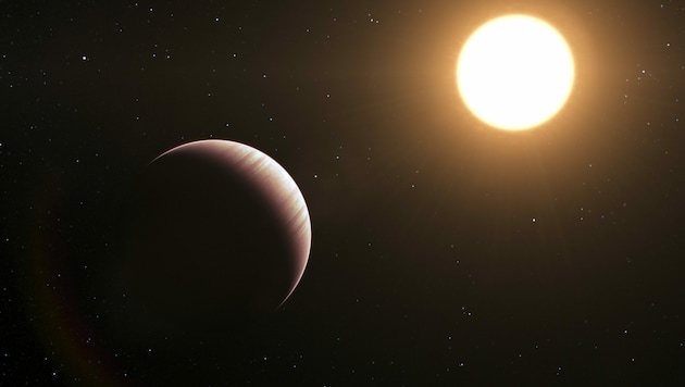 Künstlerische Darstellung: Der Exoplanet Tau Bootis b (im Vordergrund) vor seiner Sonne (Bild: ESO/L. Calçada)