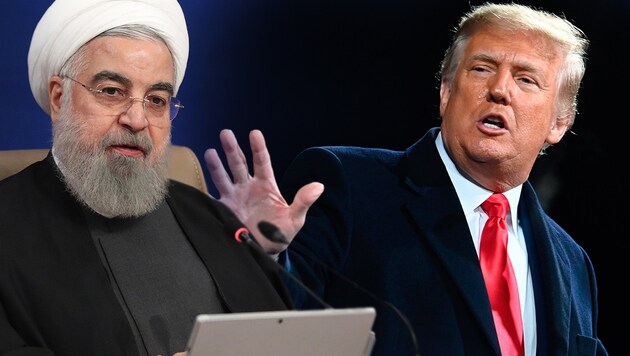 Hassan Rouhani sieht Parallelen zwiscchen US-Präsident Donald Trump und dem irakischen Ex-Diktator Saddam Hussein. (Bild: AP, APA/AFP/Andrew CABALLERO-REYNOLDS, Krone KREATIV)