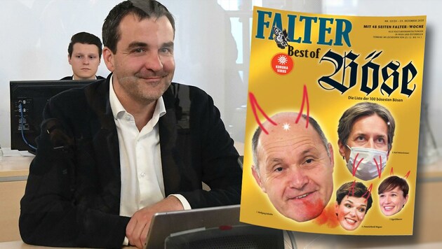 „Falter“-Chefredakteur Florian Klenk verteidigt sich gegen die Anschuldigungen: „Bloß Satire.“ (Bild: Faksimile, APA/Helmut Fohringer, Krone KREATIV)