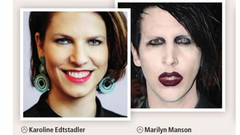 Frauenfeindlich oder witzig? Ministerin Edtstadler wird in der aktuellen „Falter“-Ausgabe mit Schock-Rocker Marilyn Manson verglichen. (Bild: Faksimile Falter)