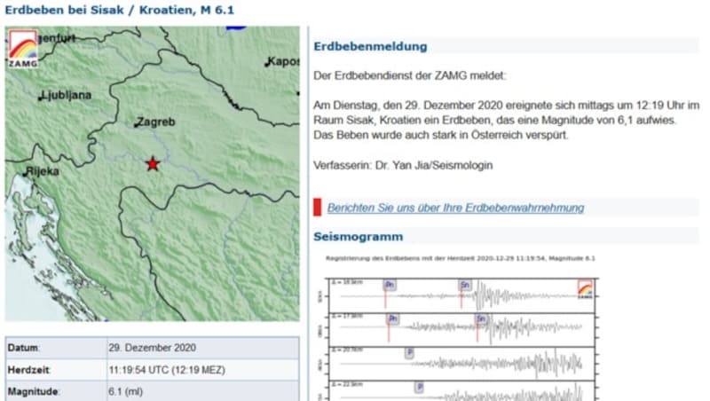 Das Erdbeben, das Dienstagmittag bis nach Wien zu spüren war, hatte seinen Ausgangspunkt im kroatischen Sisak südlich von Zagreb. (Bild: Screenshot ZAMG.ac.at)