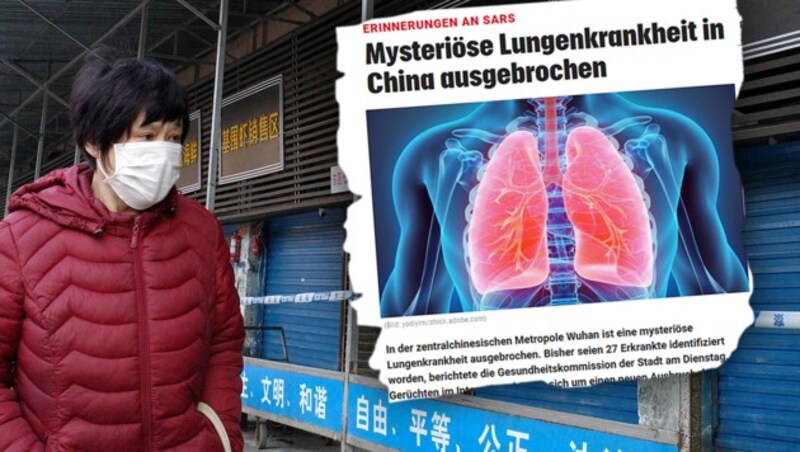 Am 31. Dezember 2019 berichtete krone.at erstmals über die „mysteriöse Krankheit“ in China. (Bild: APA/AFP, Screenshot/krone.at, Krone KREATIV)