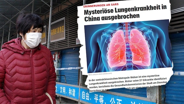Am 31. Dezember 2019 berichtete krone.at erstmals über die „mysteriöse Krankheit“ in China. (Bild: APA/AFP, Screenshot/krone.at, Krone KREATIV)
