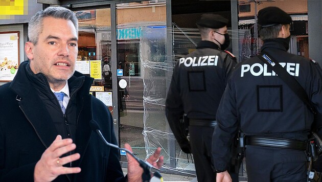 Innenminister Karl Nehammer (ÖVP) hat die Randale in Wien-Favoriten in der Silvesternacht scharf verurteilt und kündigte eine Schwerpunktaktion der Polizei an. (Bild: Tomschi Peter, APA, Krone KREATIV)