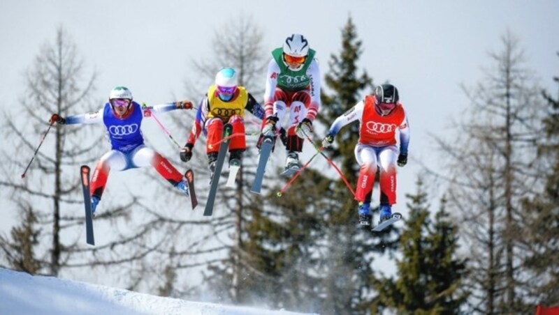 Im Winter springt Tatjana (2. v. r.) beim Skicross furchtlos die Parcours hinunter. (Bild: GEPA pictures)