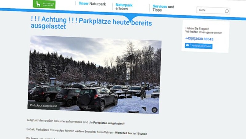 Der Ansturm war enorm, beim Naturpark Hohe Wand waren die Parkplätze ausgelastet. (Bild: Screenshot naturpark-hohewand.at)