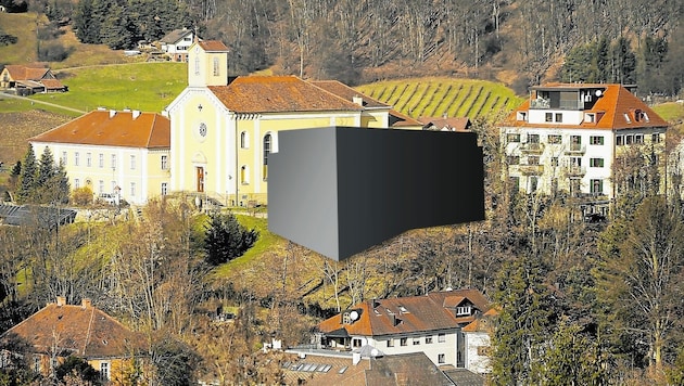 Der Wohnblock (Fotomontage) würde den Blick auf die denkmalgeschützte Kirche versperren. (Bild: Sepp Pail)