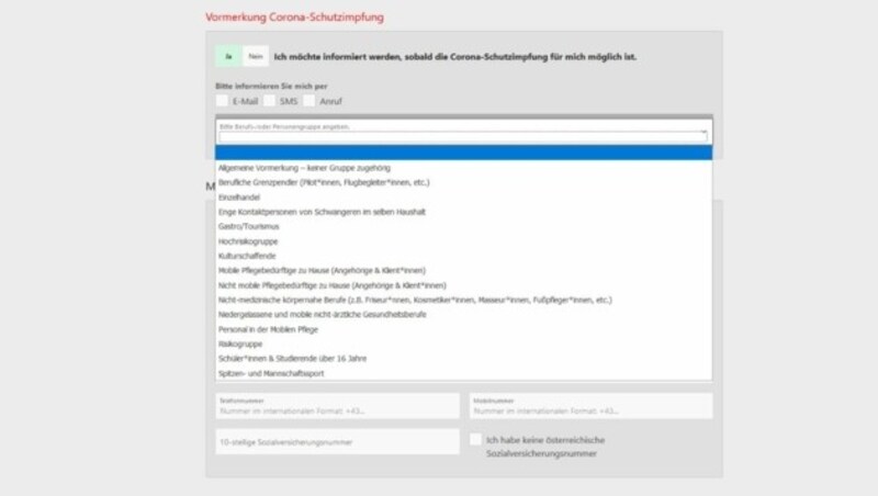 Jene Gruppe, der man selbst angehört, wählt man - eigenverantwortlich und wahrheitsgemäß - aus. (Bild: impfservice.wien)