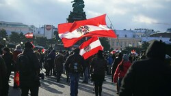 Die Tausenden Demonstranten machten am Samstag auch vor der rot-weiß-roten Ikone Maria Theresia nicht halt. Auch Rechtsextreme marschierten mit. (Bild: APA/GEORG HOCHMUTH)