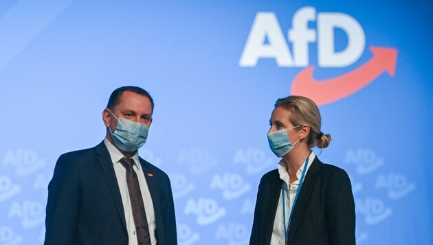 AfD-Bundessprecher Tino Chrupalla und Fraktionsvorsitzende Alice Weidel (Bild: AFP)